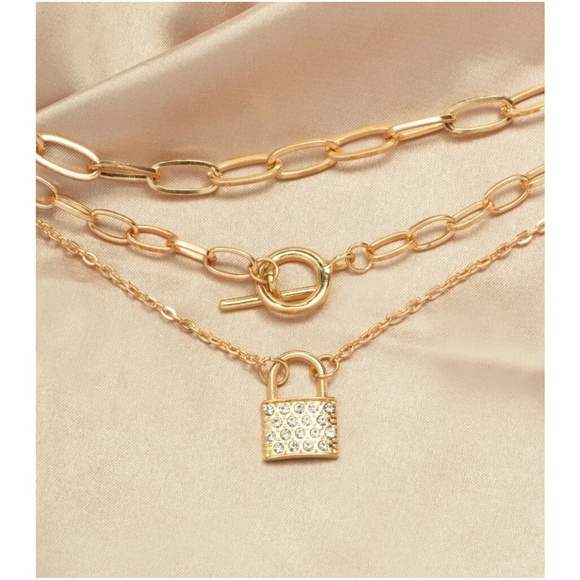 Gold Tone Rhinestone Lock Toggle Multilayer Necklace - Picture 3 of 3
